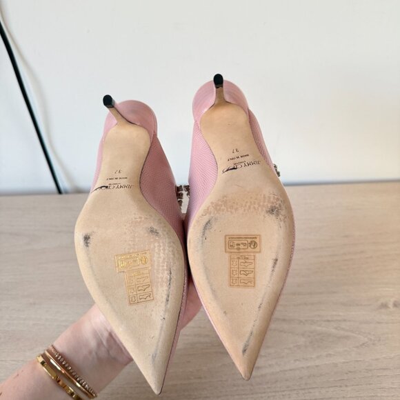 Jimmy Choo Bing 65 Mules Pink Lizard Crystal Embellished Pointed Toe Sz 37 - Picture 11 of 13